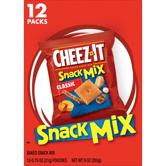 Satisfy your snack time cravings with a delicious handful of Cheez-It Snack Mix Classic. This snack mix features a tasty combination of baked snack crackers made with 100% real cheese, salty pretzels, mini toasted bread slices, savory wheat squares, and cheese flavored rice puffs that have been baked to crispy, crunchy perfection. This snack mix is perfectly sized for on-the-go snacking, as a flavorful addition to a packed lunch, or even just a quick bite around the house. Toss a pouch in your tote for a lo