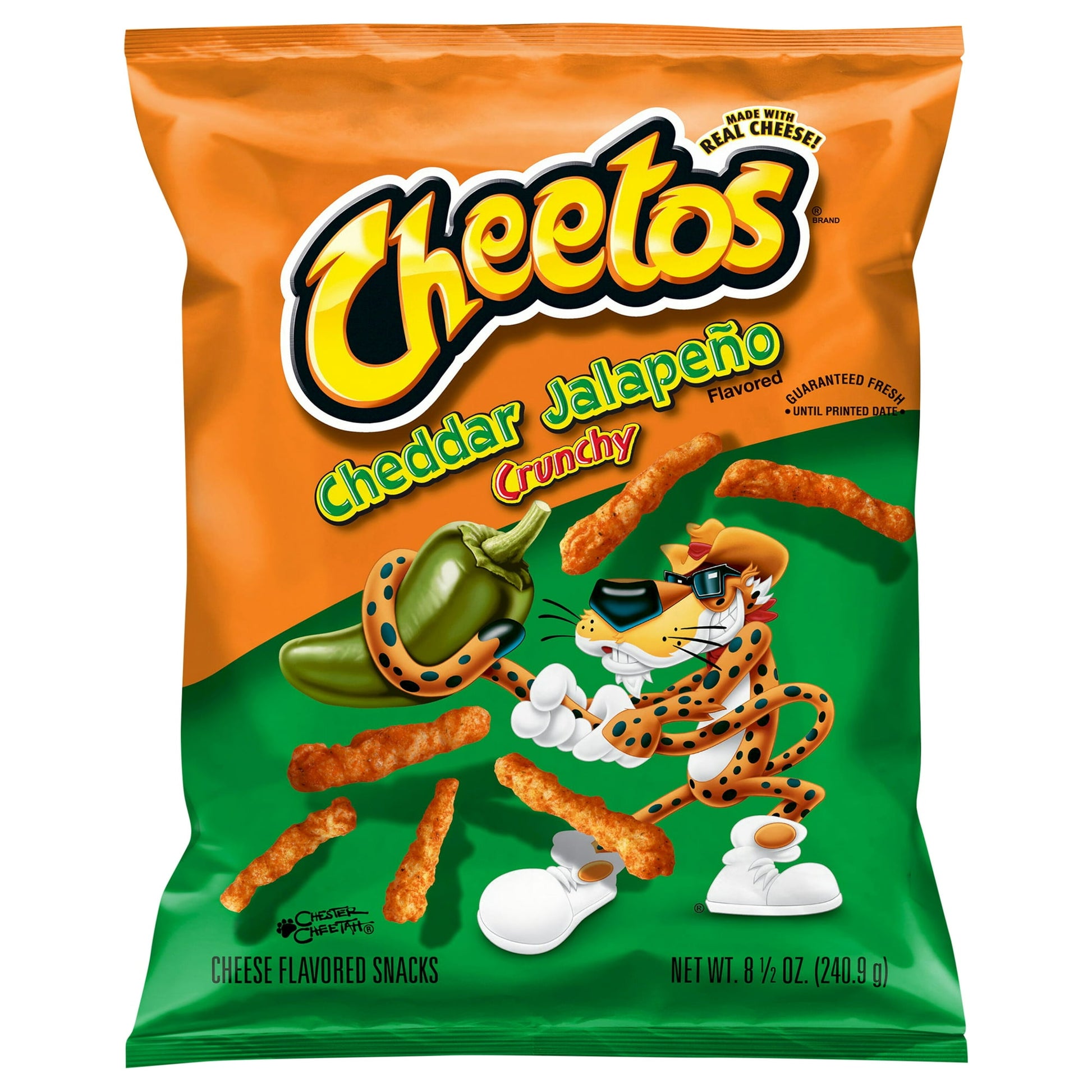 Cheetos Crunchy Cheddar Jalapeno Cheese Snacks, Bring some spice into snack time with Cheetos Crunchy Cheddar Jalapeno Cheese Flavored Snacks. They are available in an 8.5 oz, single serve bag. This makes them easy to take on the go or pack into a lunch or picnic basket. Made with real cheese, these snacks also contain jalapeno for some extra heat. They have a satisfying crunchy texture. Cheetos Crunchy cheese flavored snacks contain no cholesterol. They are also low in sugars with no trans fats and can be 