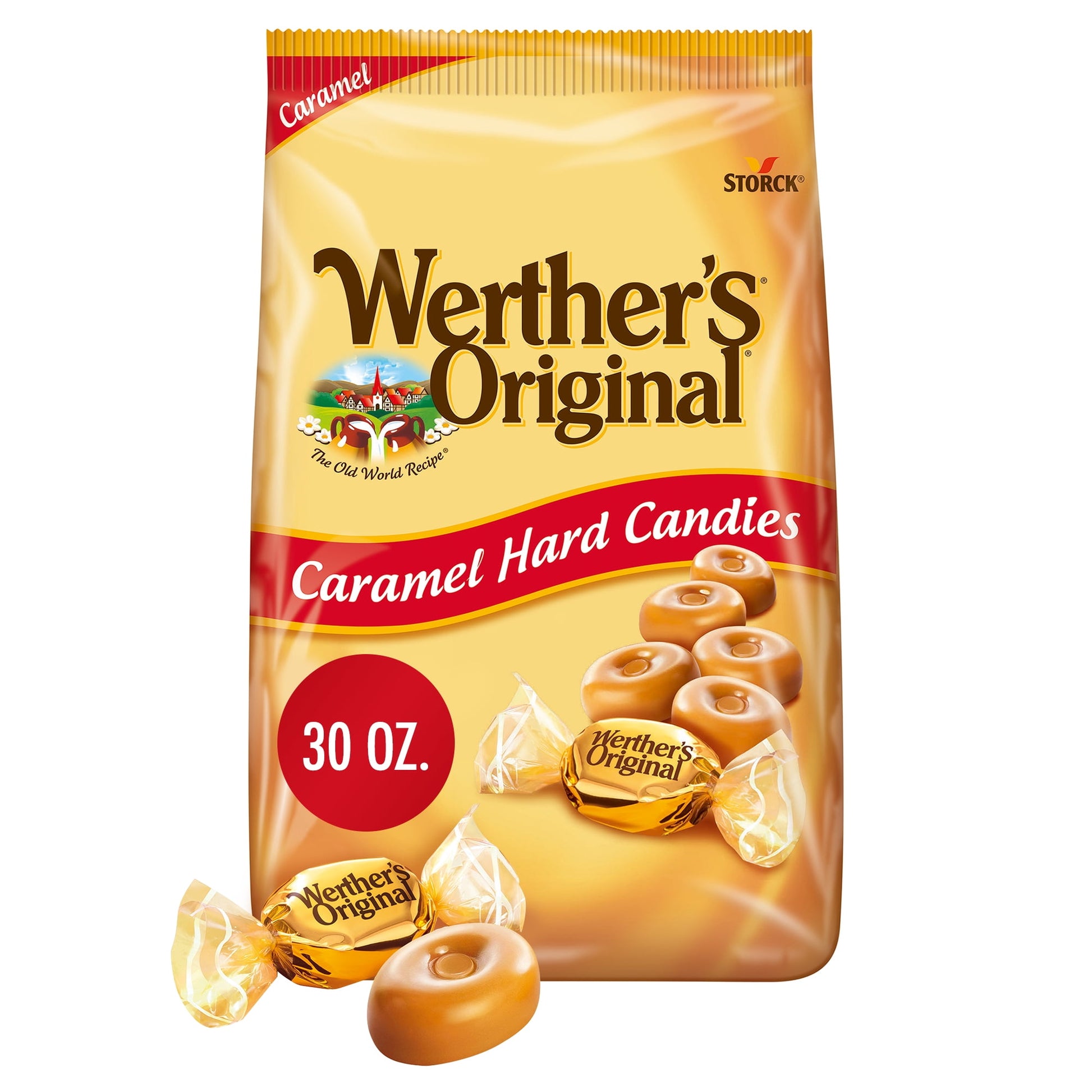 Enjoy a sweet treat with Werther's Original Caramel Hard Candies. They melt smoothly in your mouth, leaving a buttery sweet taste that lingers. Werther’s Original is made with only the finest ingredients blended together with the same passion and care our first candy maker, Gustav Nebel, brought to every candy he crafted. Made with real butter and fresh cream, for a one of a kind taste. One 30 oz bag of Werther's Original hard caramels. shellfish free