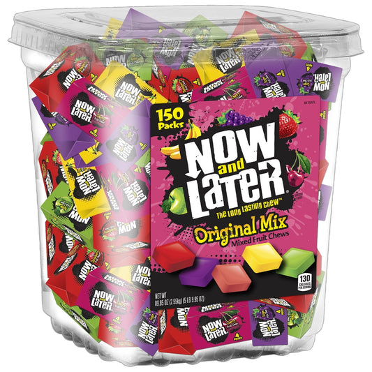 Experience a burst of bold, fruit flavor in every piece of Now and Later candy. A chewier texture meets our bold flavors for a different spin on the classic chew. This jar features an assortment of strawberry, apple, banana, cherry, grape, & watermelon fruit flavors. Now and Later has been providing The Long Lasting Chew since its origin as a penny candy in Brooklyn in 1862. Now manufactured by the Ferrara Candy Company, Now and Later is available in a wide variety of unique fruit flavors from cherry and wa