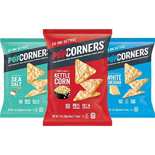 PopCorners are the delicious, wholesome snacks that make it easier than ever to snack better. Drizzled in sunflower oil with a pinch of sea salt, the chips are made with non-GMO corn and never fried. No gluten, no nuts. Just simple ingredients for great-tasting flavor!. Perfect snack box for the office break room, meetings, and parties. These products are gluten-free, and the corn has no GMO. 1 oz. packages. Served in bags. 18 bags per carton. Perfect for the office break room, meetings, and parties. Pack c