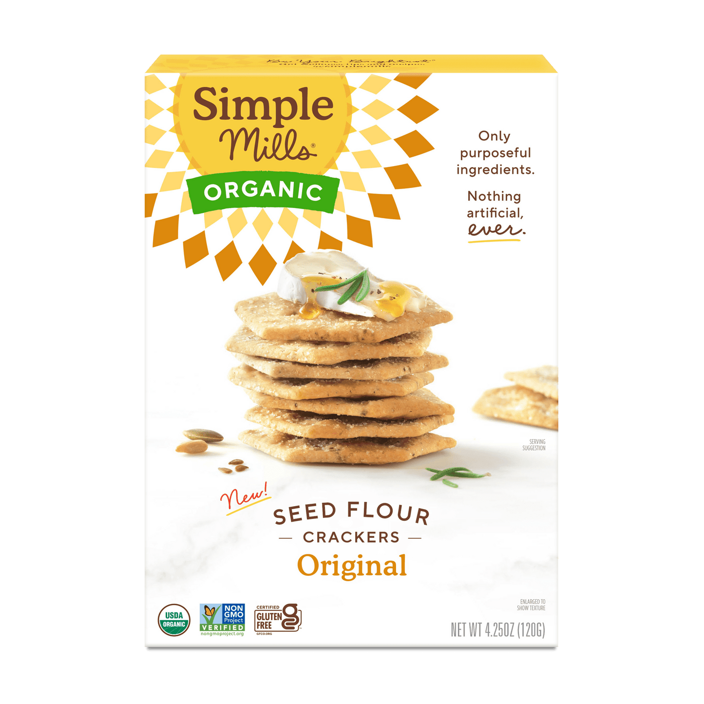 Organic crackers made with simple ingredients. Simple Mills Original Organic Seed Flour Crackers are made with a seed flour blend of sunflower seeds, pumpkin seeds, and flax seeds. With such nutritious crunch, you can enjoy these gluten-free crackers on their own or paired with cheese and dips. Baked and never fried, Simple Mills Original Organic Seed Flour Crackers deliver a traditional flaky cracker crunch. Made with only purposeful ingredients and nothing artificial ever, these seed crackers are vegan, p