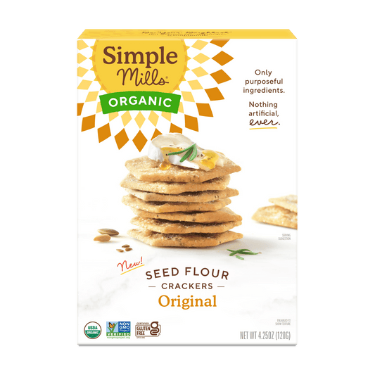 Organic crackers made with simple ingredients. Simple Mills Original Organic Seed Flour Crackers are made with a seed flour blend of sunflower seeds, pumpkin seeds, and flax seeds. With such nutritious crunch, you can enjoy these gluten-free crackers on their own or paired with cheese and dips. Baked and never fried, Simple Mills Original Organic Seed Flour Crackers deliver a traditional flaky cracker crunch. Made with only purposeful ingredients and nothing artificial ever, these seed crackers are vegan, p