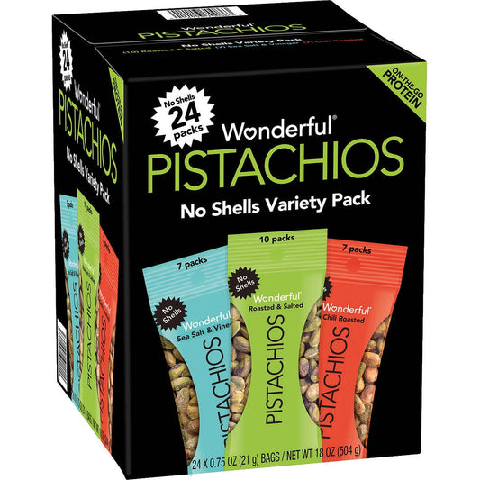 Wonderful Pistachios No Shells have literally come out of their shells. Same delicious taste, but with a little less work for you. A good source of protein, pistachios are a healthy addition to any gathering: from parties to picnics, they are a healthy choice for snacking on the go and around the house. Additionally, with no shell, these pistachios are perfect for cooking, snacking, and as a tasty and crunchy salad topper. • Variety pack of unshelled pistachios in three assorted flavors: Roasted Salted, Chi