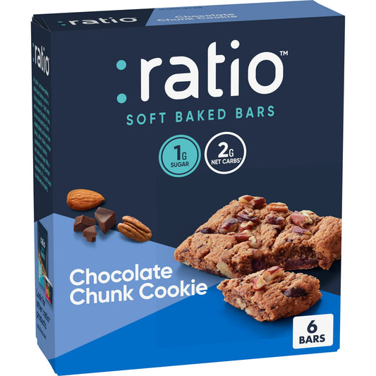 :ratio Keto* Friendly Chocolate Chunk Cookie Soft Baked Bars provide the perfect balance of indulgence plus macros that help support a low carb lifestyle. Enjoy all of the deliciousness of a chocolate chunk cookie in a gluten free, soft baked bar made with almond flour, unsweetened chocolate, crunchy pecans and other great-tasting ingredients. Each bar strikes a unique combination of sugar and net carbs. A serving provides 1g of sugar, 2g net carbs†, and 9g of total fat** with and 100 calories. Individually