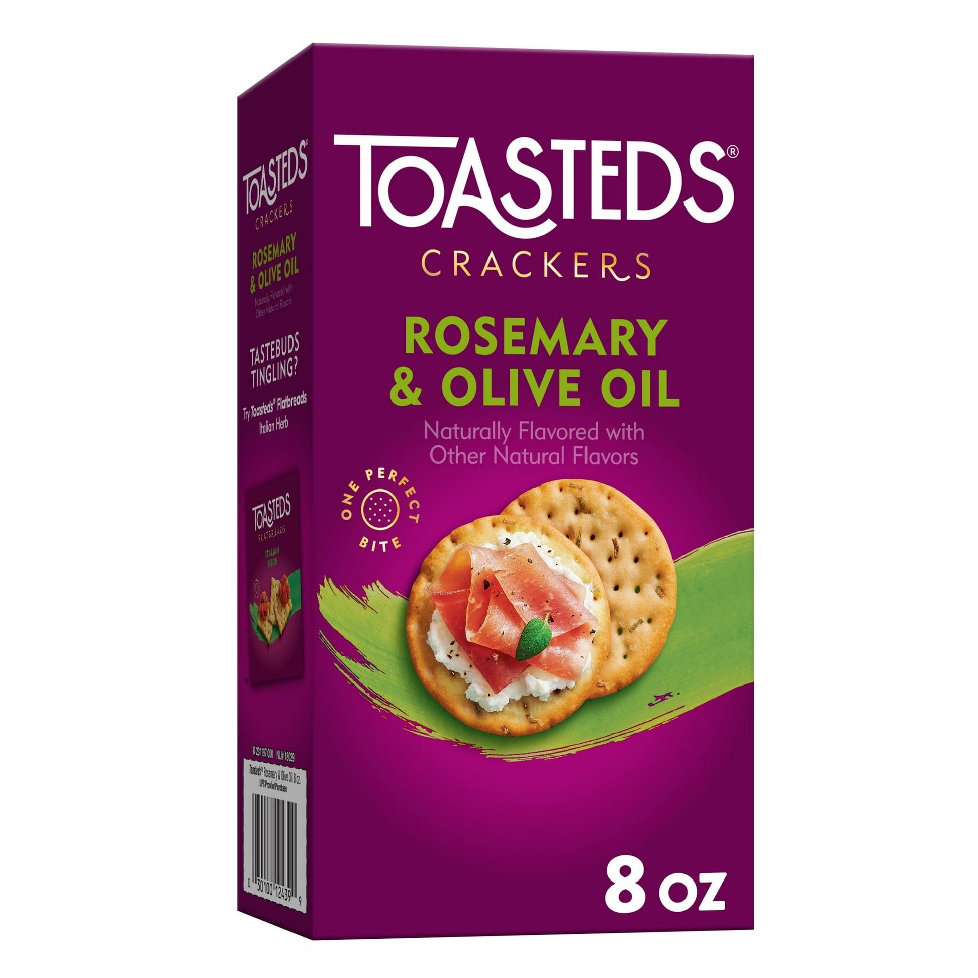 Keep snack time classic with Kellogg's Toasteds Rosemary & Olive Oil Crackers. These lightly toasted crackers have a signature garden taste of rosemary and smooth olive oil, with exceptional flavor, perfectly toasted crunch, and deliciously distinct crafted texture. These crackers pair perfectly with dips, spreads, and toppings. Their satisfying, oven-baked crispness is a favorite with everyone. Toasteds are cholesterol free (2g polyunsaturated fat, 1g monounsaturated fat); Each serving is low in saturated 