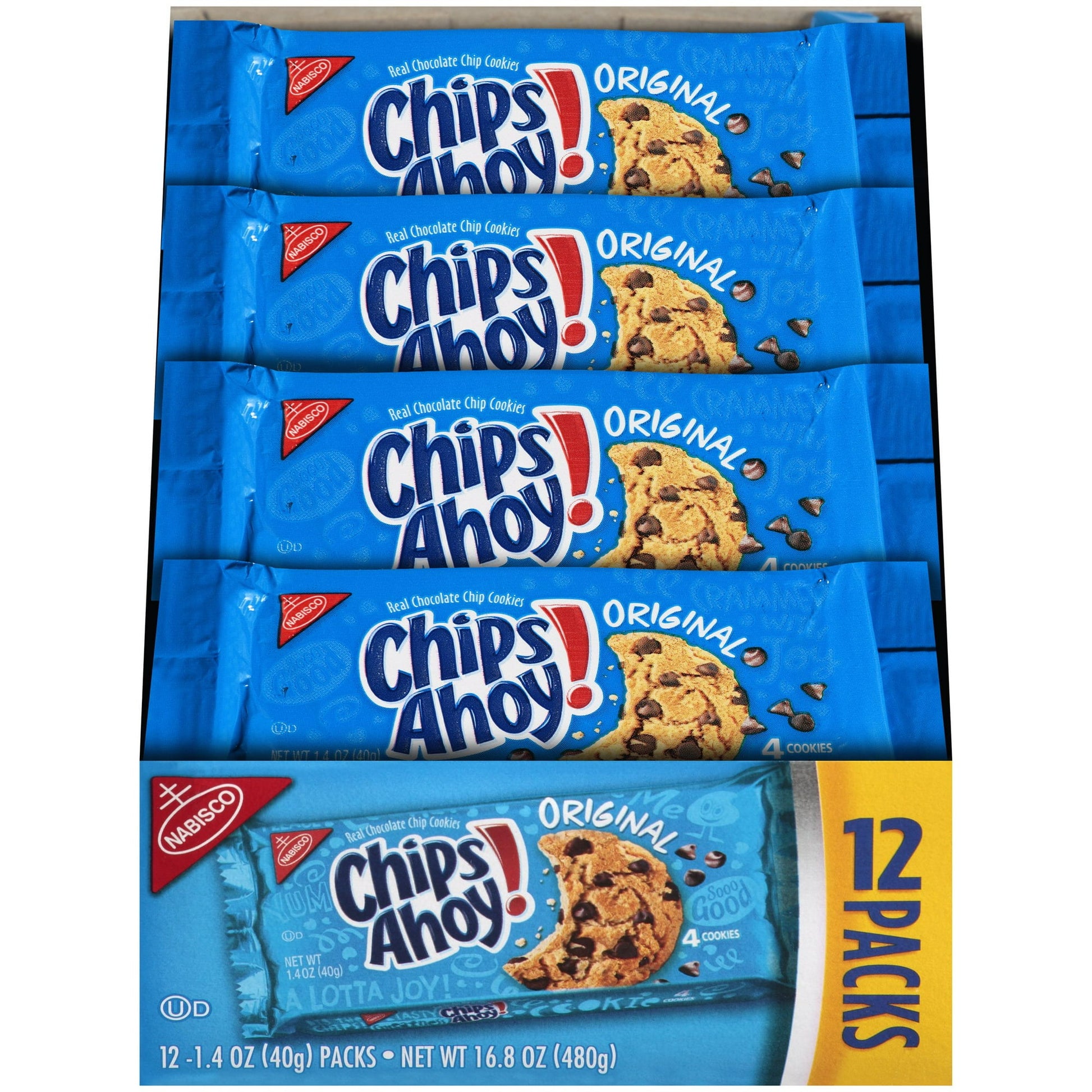 Nabisco Chips Ahoy! Original Chocolate Chip Cookies offer the classic, delicious taste of real chocolate chips in every bite. This 12-count pack of 1.4 oz plastic bags is perfect for on-the-go snacking, lunchboxes, or quick treats at home. Each cookie is baked to perfection, delivering the signature crunchy texture and sweet flavor that Chips Ahoy! is known for. Conveniently packaged for individual servings, these cookies are great for sharing or enjoying whenever you're craving a tasty, chocolatey snack.