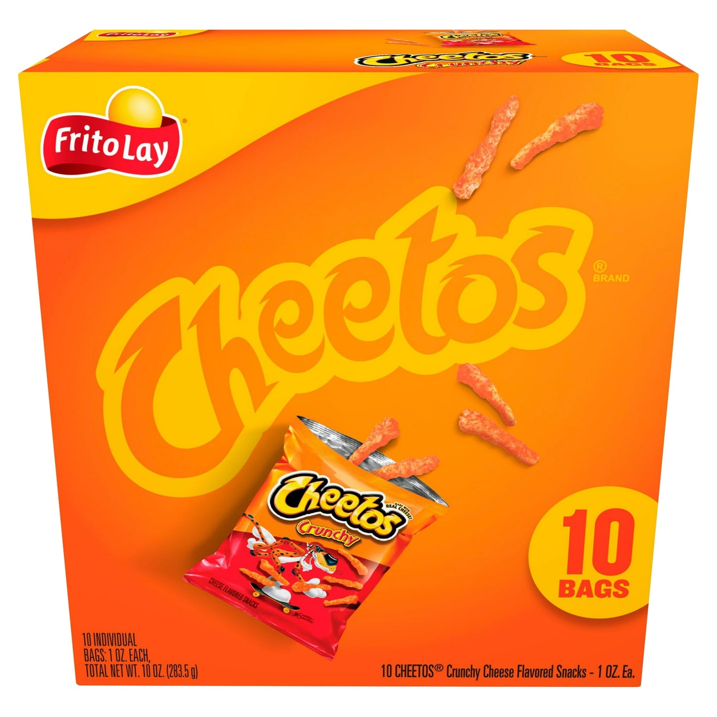 Bring a cheesy, delicious crunch to snack time with a bag of CHEETOS® Crunchy Cheese-Flavored Snacks. Made with real cheese for maximum flavor. Indulge in the irresistible cheesy goodness of Cheetos Crunchy Cheese Flavored Snacks with this convenient 10-count pack! Each 1 oz bag is filled with light and crispy Cheetos that deliver a bold cheese flavor in every bite.