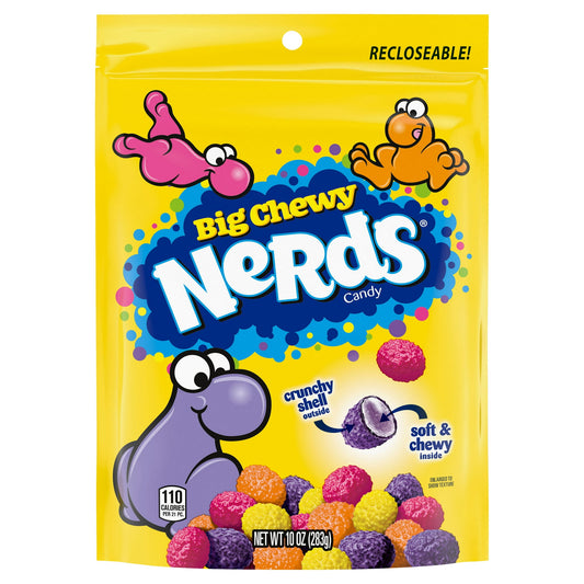 Tangy, crunchy, and chewy NERDS candy — small and peculiarly shaped yet lovably packed with taste and heaped onto a delectable soft center. Big Chewy NERDS Candy are wildly delicious morsels and are the tastiest tidbits. Orange, lemon, strawberry, and grape pack a punch with a crunchy shell outside with a soft and chewy inside. Putting true delicious flavors side by side, NERDS lets candy lovers pour out of the 10 ounce bag a candy of pure delight. This fun pack provides variety and fuels fun well beyond sn