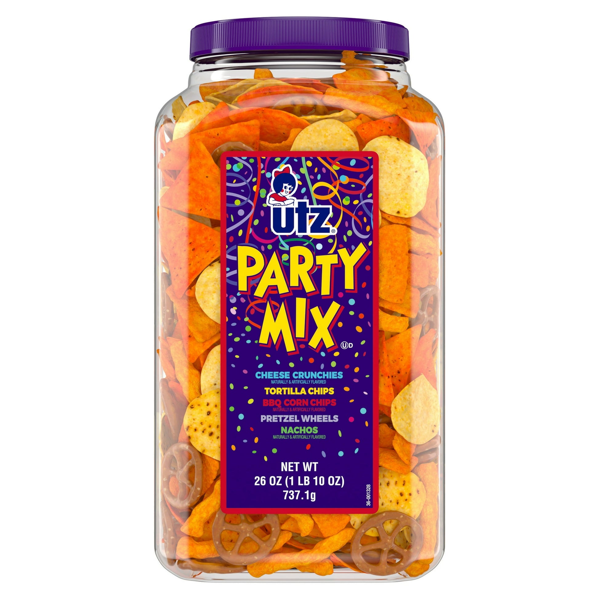 Elevate your snacking game with Utz Party Mix, a mouthwatering assortment of your favorite crunchy flavors that are sure to delight your taste buds. This large, party-sized 26 oz barrel is packed with a bold mix of corn tortillas, nacho tortillas, pretzel wheels, BBQ corn chips, and cheese crunchies, guaranteeing there is something for everyone to enjoy. Whether you are hosting a lively gathering or simply indulging in a solo snack, Utz Party Mix is the ultimate snack companion for every occasion. Make your