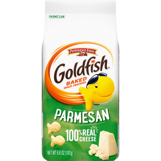 Our Goldfish Parmesan snack crackers have a deliciously perfect balance of parmesan cheese with a crunch that everyone can smile about. They’re always baked with 100% real cheese, and made with no artificial flavors or preservatives. Whether you are gathering around for movie night or taking a snack break from your desk, this munchable, crunchable little snack is the perfect way to add some smiles to any occasion. They're also the perfect companion to add a little cheesy, crunchy excitement to your meals. F