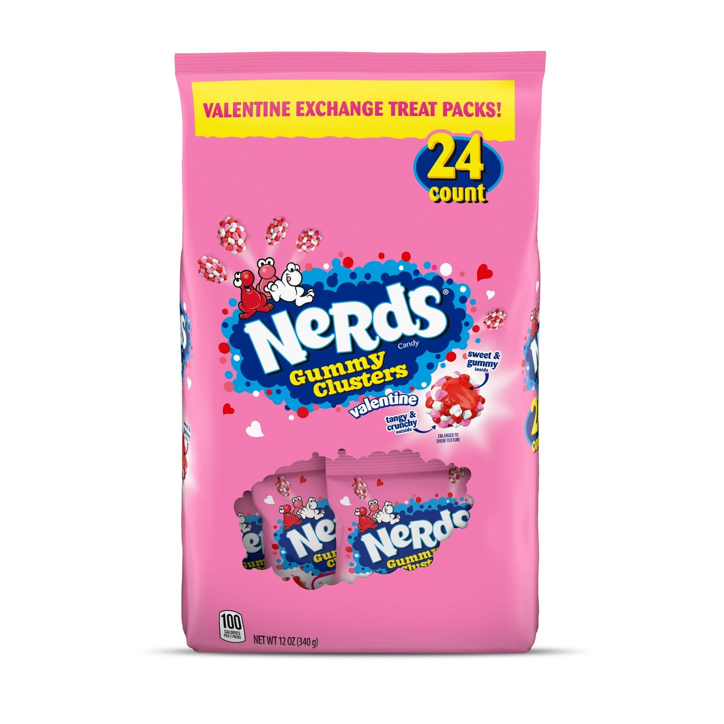 NERDS Gummy Clusters are a tangy, crunchy, sweet, gummy candy in fun poppable, bite-sized pieces. Sweet and gummy on the inside, tangy and crunchy on the outside. Valentine's NERDS surround fruity, gummy centers. Each NERDS gummy cluster is a crunchy, chewy, sweet, and tangy explosion of flavors. A poppable cluster, packed with tangy, crunchy NERDS – candy so tasty, there aren't even words. Valentine's Day NERDS flavors of Tangy Strawberry, Cherry, and Punch surround a yummy, gummy center! Perfect for Valen