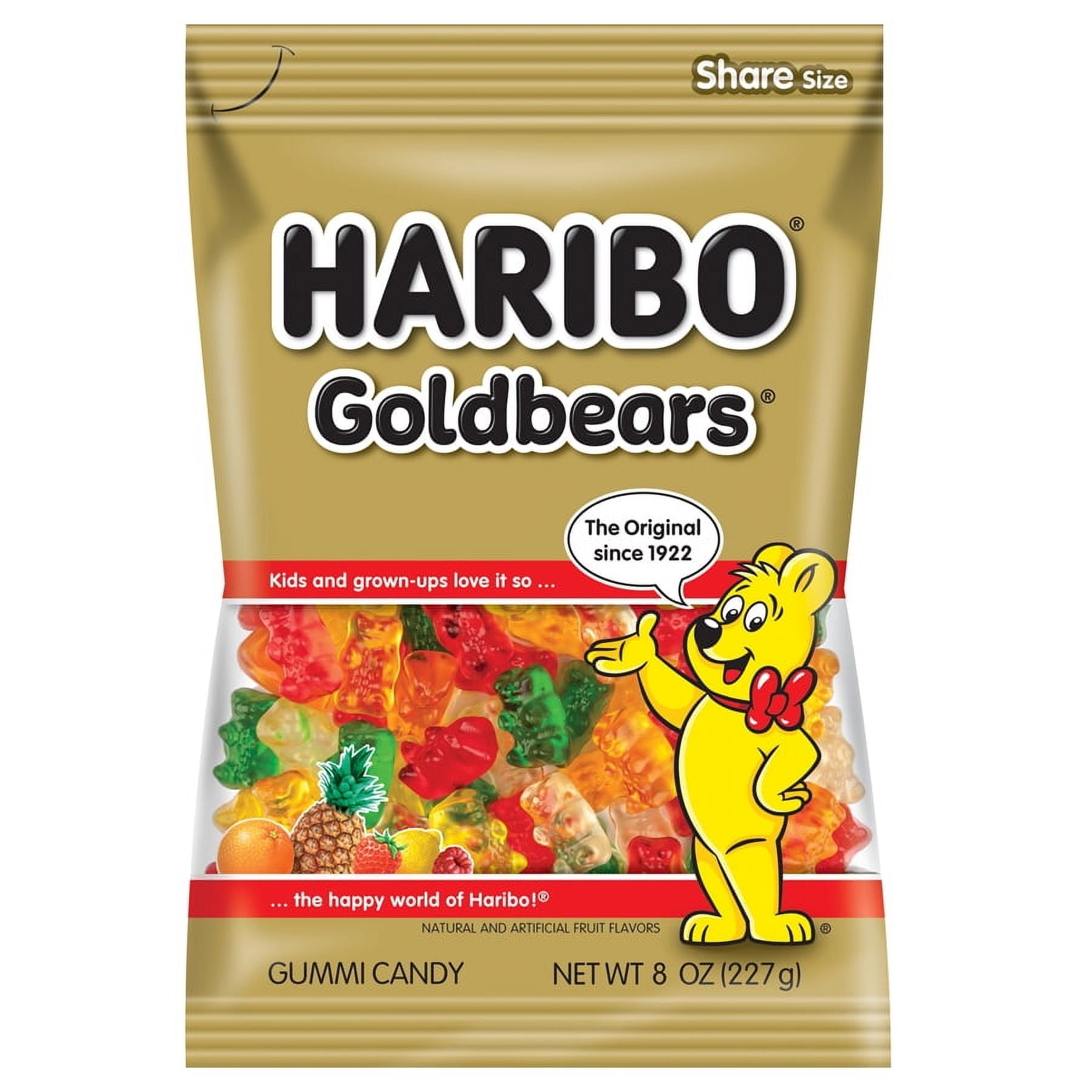 Say hello to America's #1 Selling Gummi Bear! There’s no better companion than our original Haribo Gold-bears, the delicious chewy treat loved by young and old alike. Haribo Gold-bears have been the gummy candy gold standard worldwide for over 90 years. Kids and grown-ups love it so, the happy world of Haribo! Package of 1 8 oz bag. Sweet treats in five fruity flavors: Lemon (yellow), Orange (orange), Pineapple (white), Raspberry (red), Strawberry (green) Fat free gummy bear candy. 100 calories per serving.