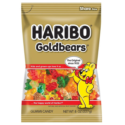 Say hello to America's #1 Selling Gummi Bear! There’s no better companion than our original Haribo Gold-bears, the delicious chewy treat loved by young and old alike. Haribo Gold-bears have been the gummy candy gold standard worldwide for over 90 years. Kids and grown-ups love it so, the happy world of Haribo! Package of 1 8 oz bag. Sweet treats in five fruity flavors: Lemon (yellow), Orange (orange), Pineapple (white), Raspberry (red), Strawberry (green) Fat free gummy bear candy. 100 calories per serving.