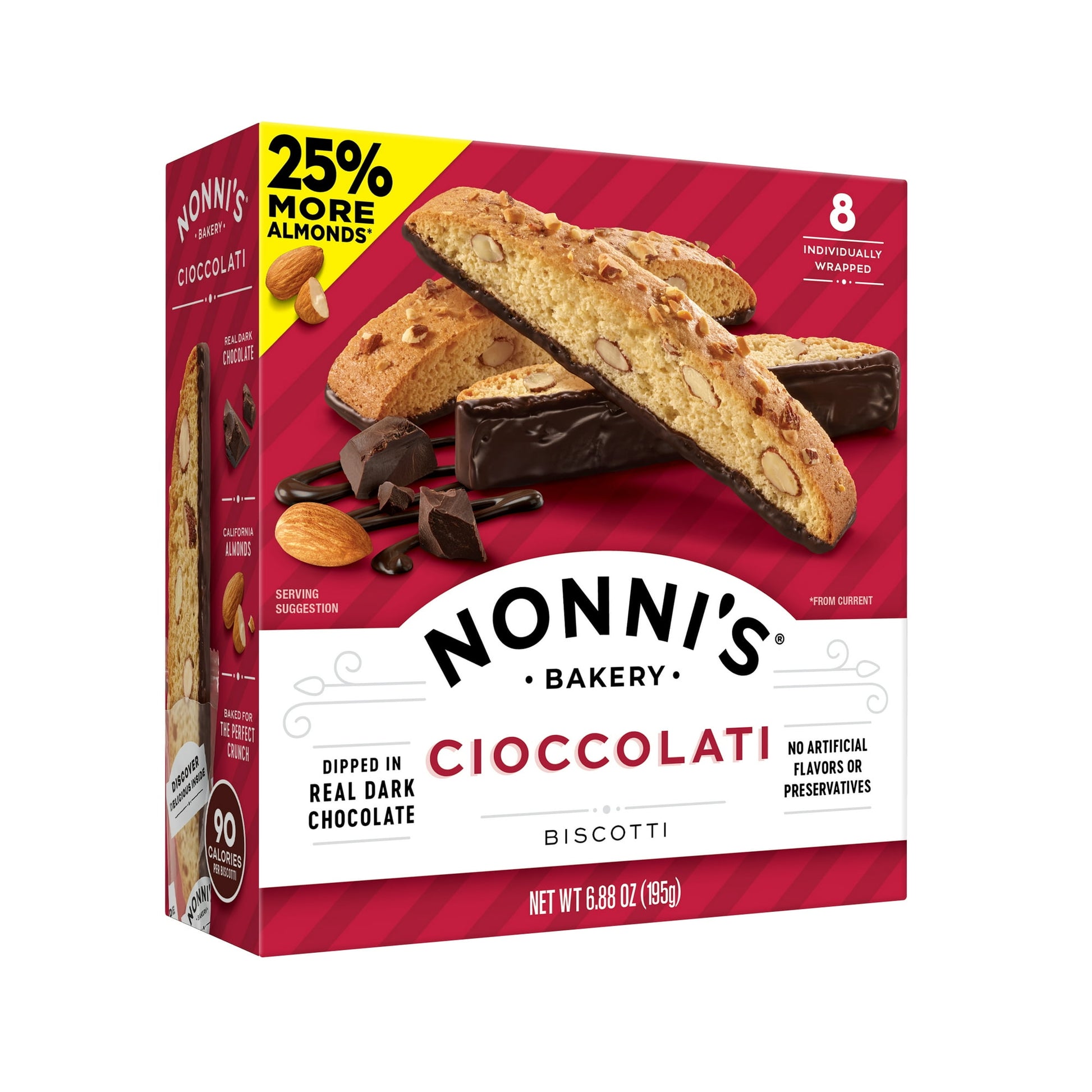 Real, Wholesome Ingredients. Made with real eggs, sugar, almonds, Dark Chocolate, and butter. Baked twice for a light, crunchy texture that's delicately sweet and satisfying. Each box contains 8 Artisan Baked Cioccolati Biscottis topped with Almonds and dipped in Real Dark Chocolate which are Individually Wrapped and ready to eat. Artisan Baked, Italian Inspired From Family Tradition to Artisan Bakery Delights. The story of Nonni's began in the Tuscan town of Lucca, Italy. That's where our founder's beloved