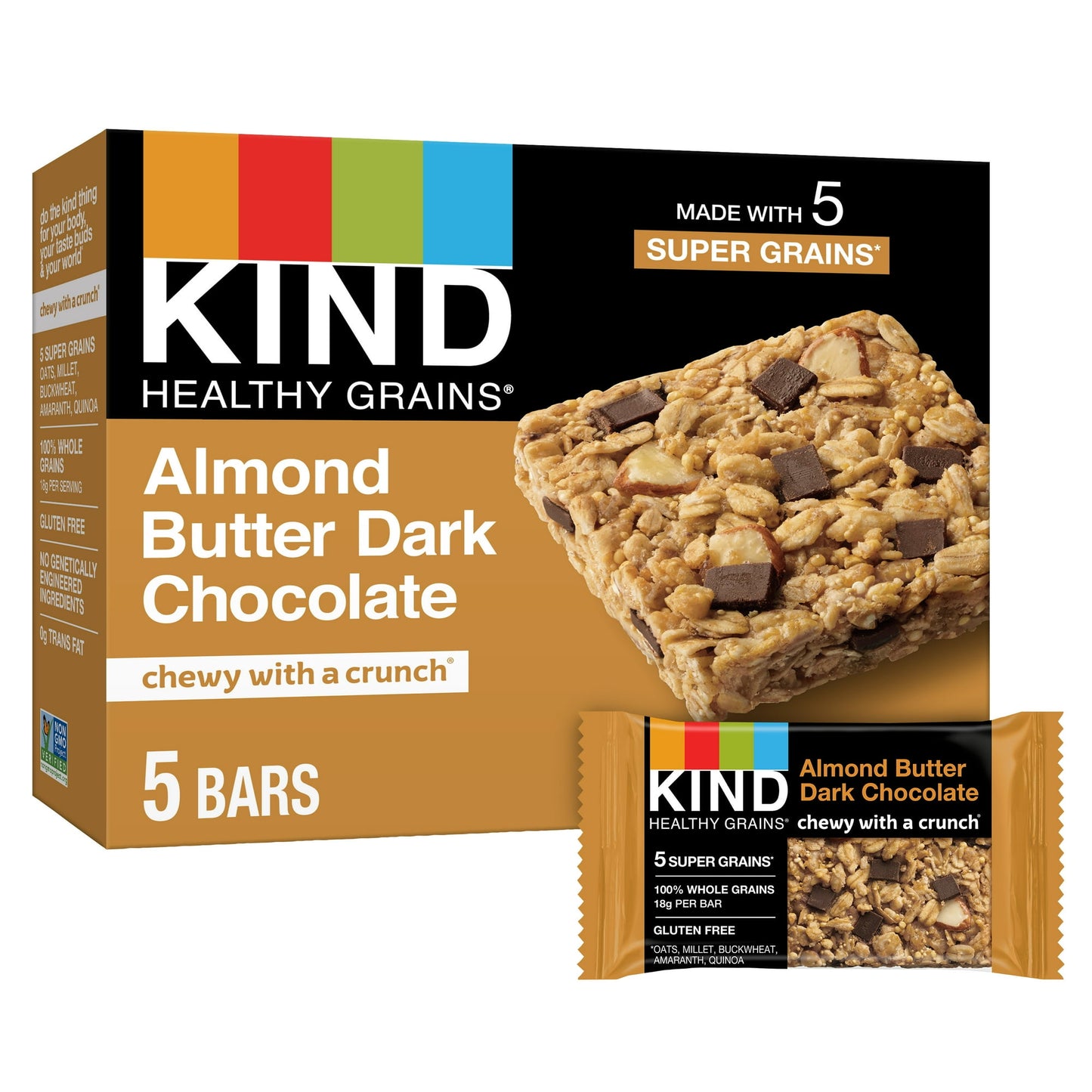 KIND HEALTHY GRAINS Almond Butter Dark Chocolate bars are gluten free bars that combine 100% whole grains with the delicious taste of dark chocolate and almond butter. These snack bars combine five super grains - oats, millet, buckwheat, amaranth and quinoa - making this a nutrient-dense snack with a unique chewy and crunchy texture. These individually wrapped snacks, made with quality ingredients, are a convenient option for on-the-go snacking. KIND HEALTHY GRAINS Almond Butter Dark Chocolate bars can be e