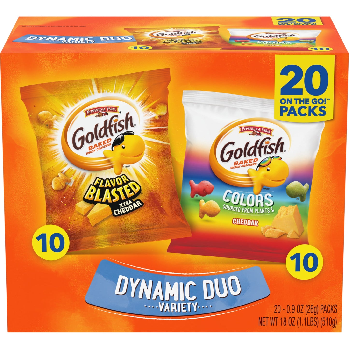 When it comes to snacking, there are a lot of ways to enjoy Goldfish snack crackers. This 20-count Dynamic Duo Variety Pack comes with 10 single-serving snack packs (0.9 oz each) of Goldfish Colors Cheddar crackers as well as 10 packs of Goldfish Flavor Blasted Xtra Cheddar crackers. Both varieties are super munchable snacks that are easy to enjoy whether you’re at home or out and about hanging with your friends. Even better, whoever you’re sharing with can pick their favorite - the intensity of Flavor Blas