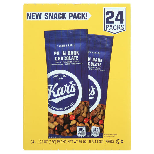 Kar’s Peanut Butter ‘N Dark Chocolate Mix is a tasty treat that combines roasted peanuts, creamy peanut butter candies, rich dark chocolate chunks, and butter toffee peanuts for a burst of flavor in every bite. Since 1933, Kar’s Nuts has grown from selling roasted nuts outside Detroit’s Tiger Stadium to becoming a favorite nationwide. Renowned for its delicious and classic American flavors, Kar’s Nuts remains dedicated to delivering high-quality snacks that everyone loves. Gluten Free. Contains milk, peanut