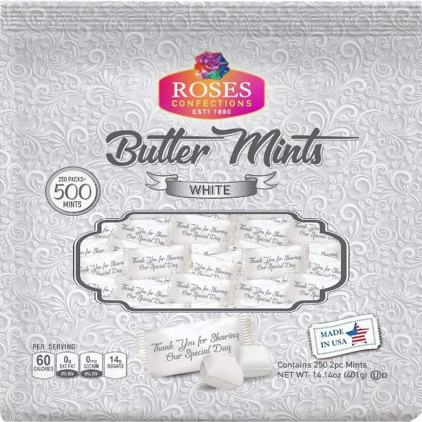 Butter Goodness. Arctic Freshness. Roses Brands Butter Mints. Each pack of our Butter Mints offers melt-in-your-mouth goodness that meets the refreshing, arctic taste of natural peppermint. Perfect for any occasion or time of day! Butter Mints are available in a selection of assorted colors and plain white to complement any occasion. Go ahead, treat yourself! ● A perfect fit for the occasion: Looking for something to complete your wedding decorations? Or something to cap off your guests' sumptuous meal? Wha