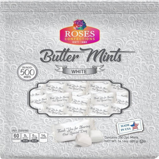 Butter Goodness. Arctic Freshness. Roses Brands Butter Mints. Each pack of our Butter Mints offers melt-in-your-mouth goodness that meets the refreshing, arctic taste of natural peppermint. Perfect for any occasion or time of day! Butter Mints are available in a selection of assorted colors and plain white to complement any occasion. Go ahead, treat yourself! ● A perfect fit for the occasion: Looking for something to complete your wedding decorations? Or something to cap off your guests' sumptuous meal? Wha