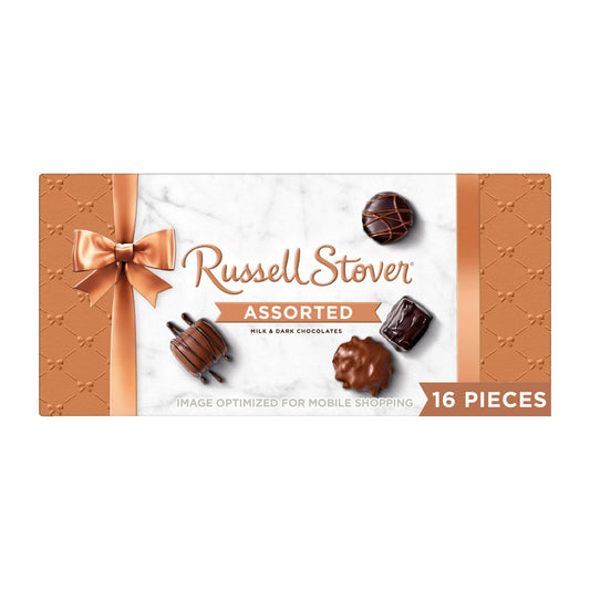 The RUSSELL STOVER Assorted Milk Chocolate & Dark Chocolate Gift Box., 9.4 oz., features a 17 piece assortment of 9 delicious flavors: milk chocolate caramel, milk chocolate peanut cluster, milk chocolate pecan delight, dark chocolate truffle, dark chocolate covered almonds, dark chocolate nut caramel, milk chocolate cashew cluster, milk chocolate toffee and milk chocolate strawberry cream. Made with the finest ingredients, RUSSELL STOVER has been an American-made classic since 1923. We are proud to be part