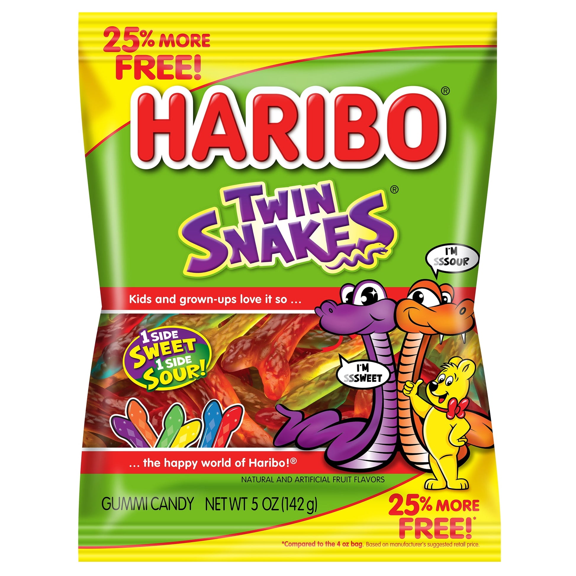 Haribo Confectionery Twin Snakes Gummy Candy, Regular, +25% Value Bag, Say hello to HARIBO Twin Snakes! It's the perfect combination of sweet and sour gummy candy - the best of both worlds Two Gummi snakes one Sweet, one Sour connected together. Pull apart the snakes or eat them together, it's up to you HARIBO Twin Snakes have a unique sour experience with sour flavor all the way through the gummi and no granulated sugar coating necessary.