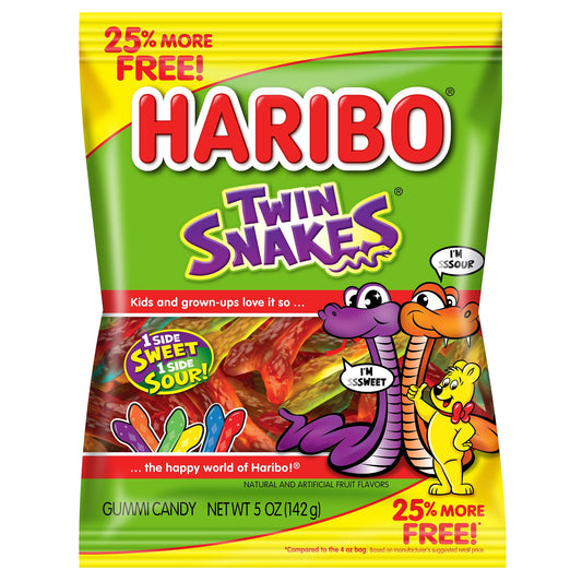 Haribo Confectionery Twin Snakes Gummy Candy, Regular, +25% Value Bag, Say hello to HARIBO Twin Snakes! It's the perfect combination of sweet and sour gummy candy - the best of both worlds Two Gummi snakes one Sweet, one Sour connected together. Pull apart the snakes or eat them together, it's up to you HARIBO Twin Snakes have a unique sour experience with sour flavor all the way through the gummi and no granulated sugar coating necessary.