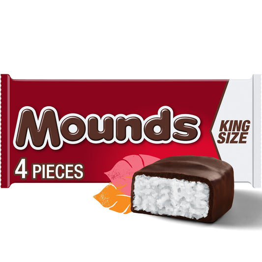 Enjoy the tropical flavor of MOUNDS king size coconut and dark chocolatey candy bars. This delightful treat is candy bar you'll want to share with friends, family, co-workers and everyone in between! Biting into this coconut and dark chocolatey candy bar is like entering your own island oasis. Delivered to you as a king size treat, they pack a full tropical flavor. The sweet taste of coconut drenched in rich dark chocolatey candy will help you unwind wherever you are. With this unique combination of ingredi