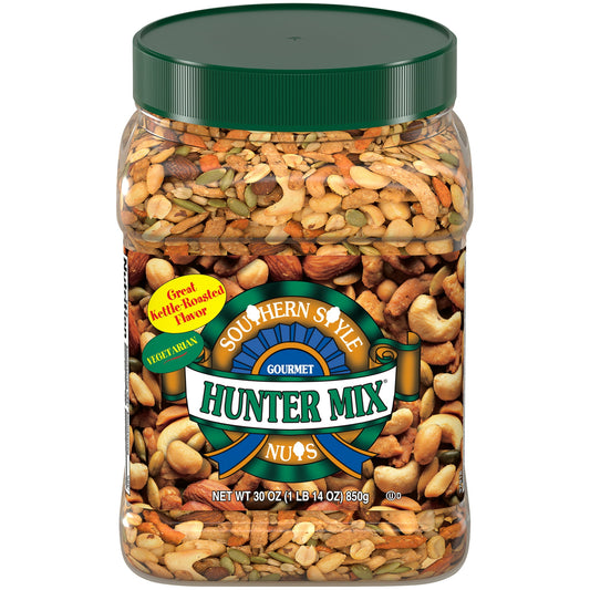 Enjoy the delicious taste and crunchy texture of Southern Style Nuts Hunter Mix. This 30-ounce mix consists of gourmet sesame sticks, peanuts, sunflower kernels, almonds, cashews, and pepitas. The Southern Style Gourmet Hunter Mix is kettle roasted and also ideal for vegetarians. The large, resealable jar keeps the contents fresh in storage or while on the go. The Gourmet Hunter Mix nuts from Southern Style Nuts are delicious and an irresistible snack.