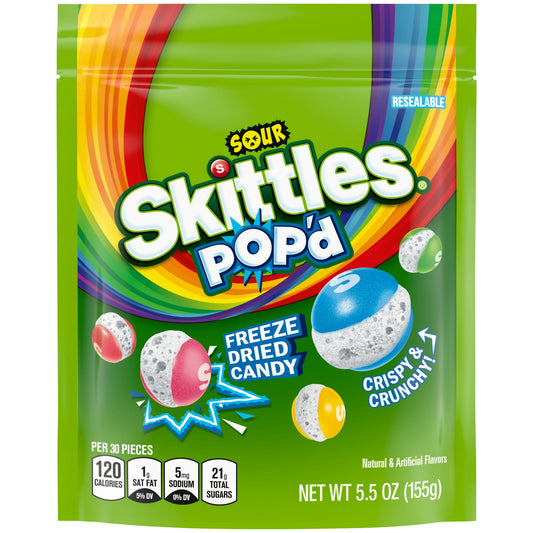 Introducing SKITTLES Sour POP’D Originals Freeze Dried Candy—a NEW favorite sour twist on your fave fruity candy! This resealable bag is perfect for a bite of tangy fruit flavor anytime you need it. Whether you’re hitting the road, hosting a party, or just cozying up for movie night, SKITTLES Sour POP’D freeze dried candy bring a playful, crunchy twist to your snacking. Don’t miss out on this exciting new way to enjoy SKITTLES; grab a bag today and experience the fun of fruity flavor with a crazy crunch. Po