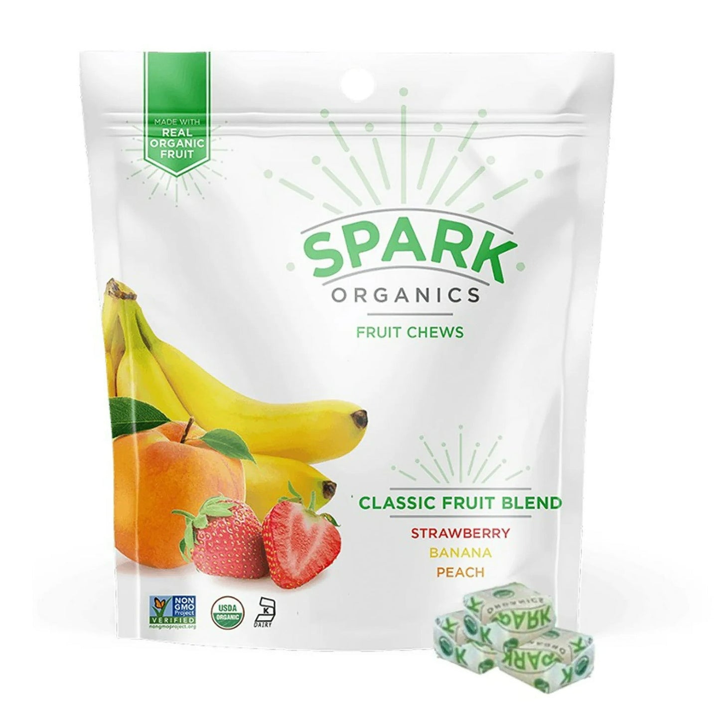 Spark Organics Classic Blend Fruit Chews, 4 oz Pouch. Vegan, Gluten Free Candy, Dye Free Candy, non-GMO, Kosher, Sustainable Palm Oil, Real Fruit. Made with real Certified Organic fruit, our Classic Fruit Blend is a break from the ordinary. Strawberry, Banana, and Peach come together to take you right back to your childhood, with flavors that'll have you reminiscing about banana splits ... now, that's a spark of genius! All our products are USDA Organic Certified, Non-GMO Project Verified. Spark Organics fr