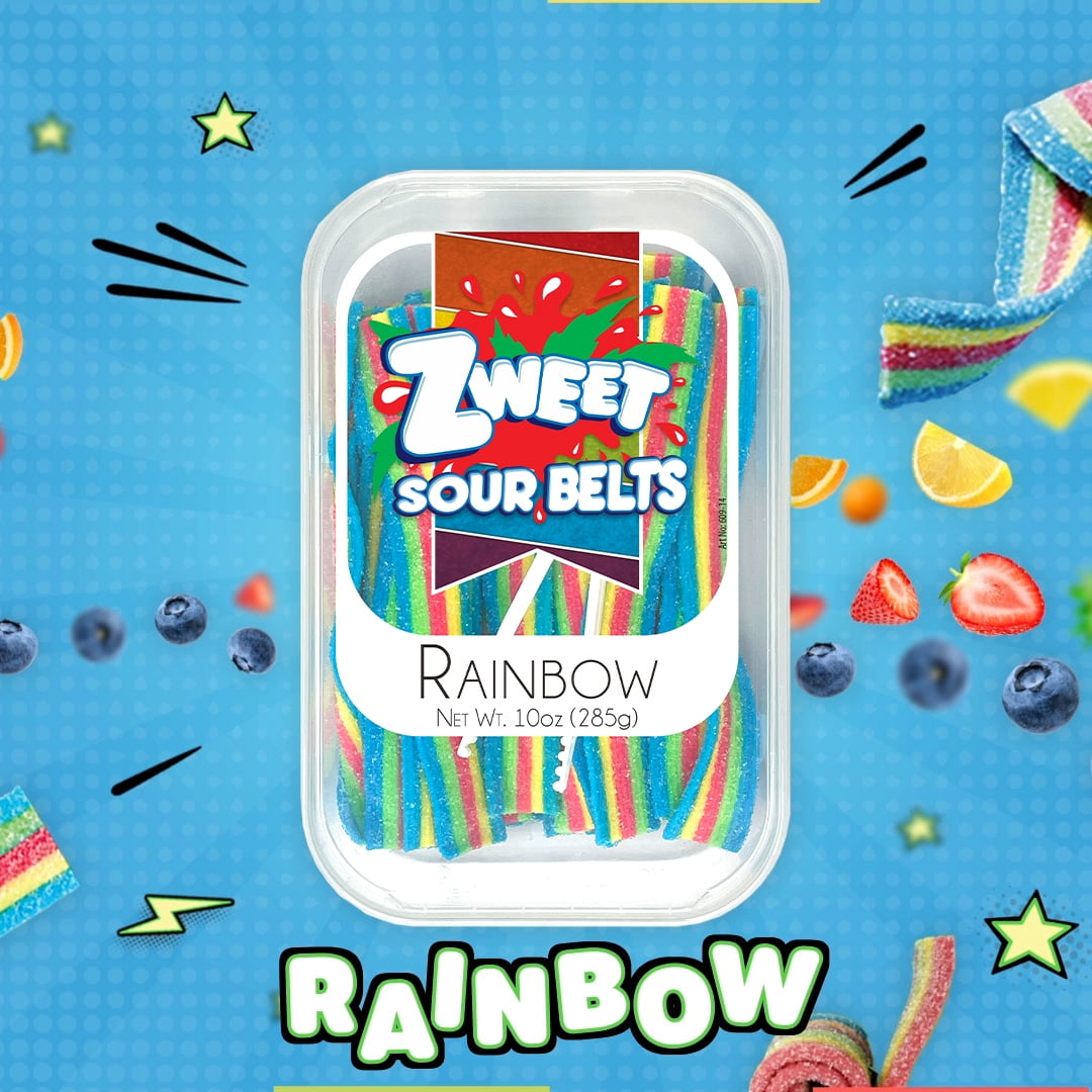 Zweet Rainbow Sour Belts – Sour Chewy Perfection! Step into a world of flavor with Zweet Rainbow Sour Belts! Every 10-ounce tub is a treasure chest of 'Chewy sour perfection,' filled with candy strips that dance across your tongue with a burst of rainbow sourness. Exclusively available on Walmart.com, these sour belts are a yummy escape from the everyday snack, packing a punch of fun in every chew. Perfectly portable in their reusable tub, they’re your go-to for a zesty snack, whether you’re at home or on t