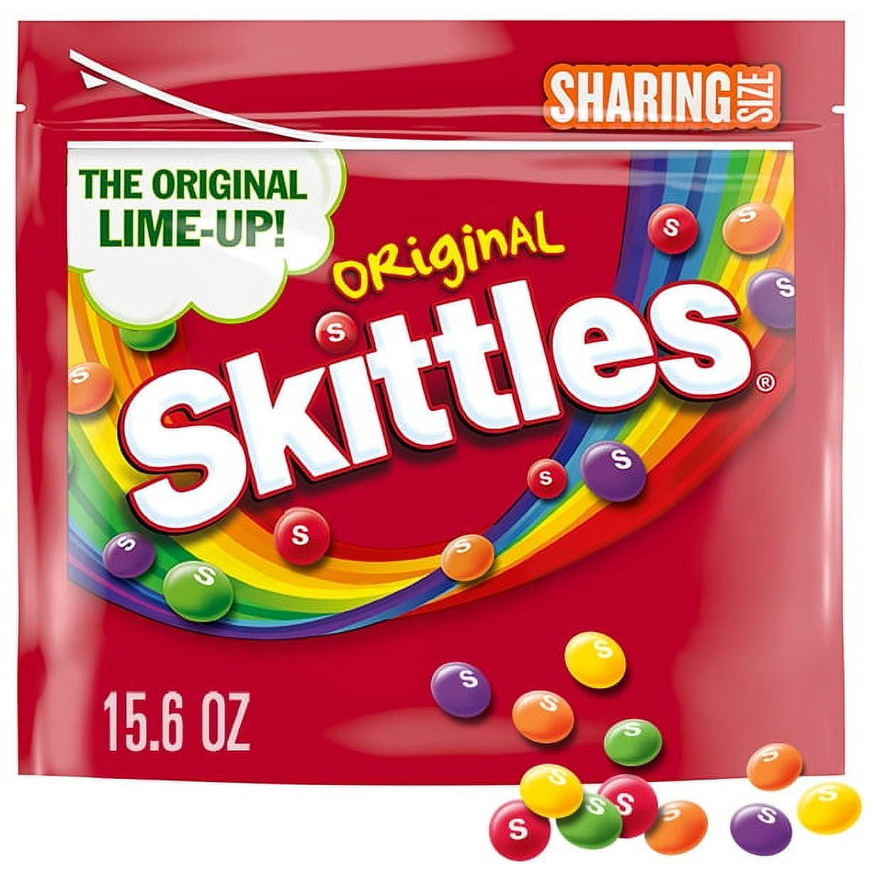 The original rainbow you’ve been waiting to taste again! SKITTLES Original chewy candy welcomes back the popular citrus flavor, Lime. This 15.6 oz shareable pouch of SKITTLES Original candy is packed with the classic, assorted candy flavors of strawberry, lemon, orange, grape and lime. This bite size chewy candy is deliciously sweet – great for game day treats, party favors, or for decorating your favorite baked goods recipe. The stand up pouch of SKITTLES Original chewy candy makes it easy to share with fr