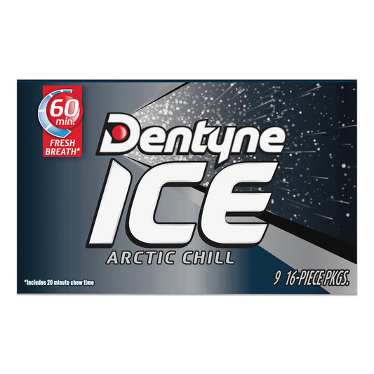 Freshen breath instantly with the powerful flavor of this 9-pack box of Dentyne Ice arctic chill sugar-free gum. Keep a 16-piece pack of flavored chewing gum in pockets or purses to instantly freshen breath after meals, smoking or simply to get rid of mouth staleness. The powerful arctic chill flavor masks odors and the sugar-free formulation provides guilt-free indulgence. Each Dentyne Ice chewing gum is individually wrapped for hygienic sharing. • Arctic chill flavored gum helps freshen breath. • Nine pac