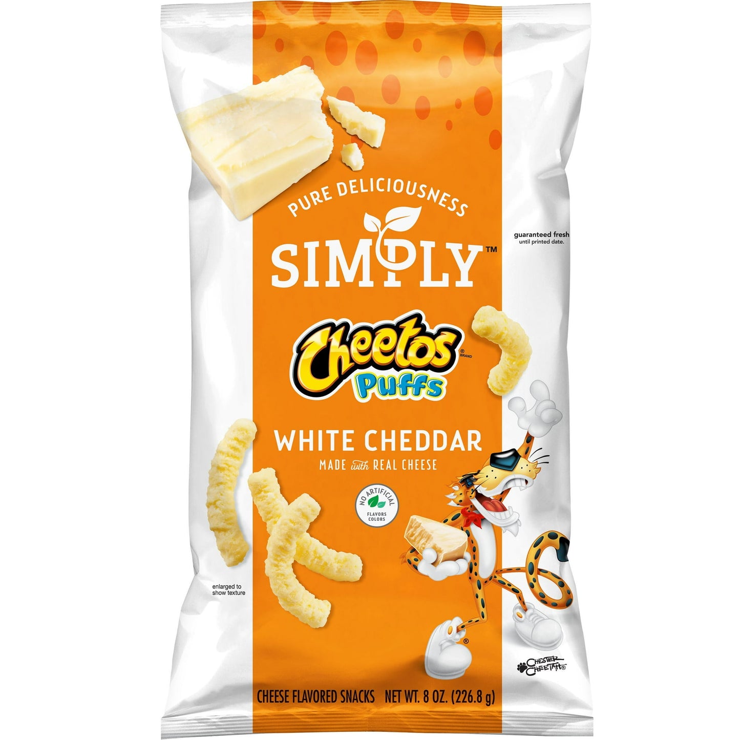 Simply put, Simply snacks have great taste, with no artificial flavors or preservatives. They're the snack that you feel good about sharing with the people you love most. Delicious Simply CHEETOS Puffs White Cheddar Snacks are a treat to enjoy with the whole family! CHEETOS snacks are the much-loved cheesy treats that are fun for everyone! You just can’t eat a CHEETOS snack without licking the signature “cheetle” off your fingertips. And wherever the CHEETOS brand and CHESTER CHEETAH go, cheesy smiles are s