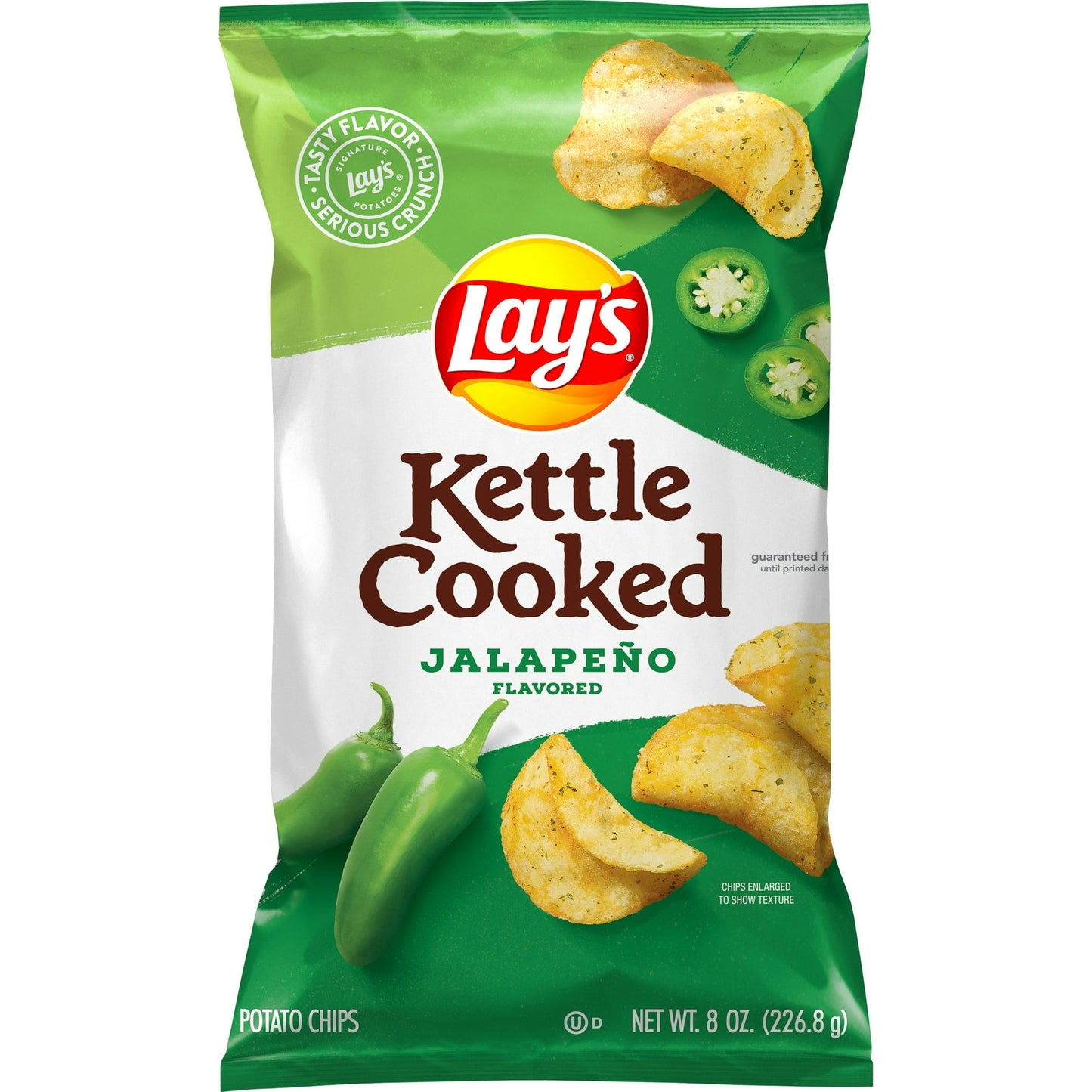 Add a spicy kick to a classic snack time favorite with Lay's Kettle-Cooked Jalapeno-Flavored Potato Chips. Whether you're enjoying a movie with the family or hosting an outdoor barbecue, everyone will love the flavorful, kettle-cooked crunch of these Lay's potato chips. Our chips are kettle cooked in small batches, so you get the perfect crunch in every bite. Each delicious chip is packed with the flavor of real jalapenos, ready for your enjoyment.