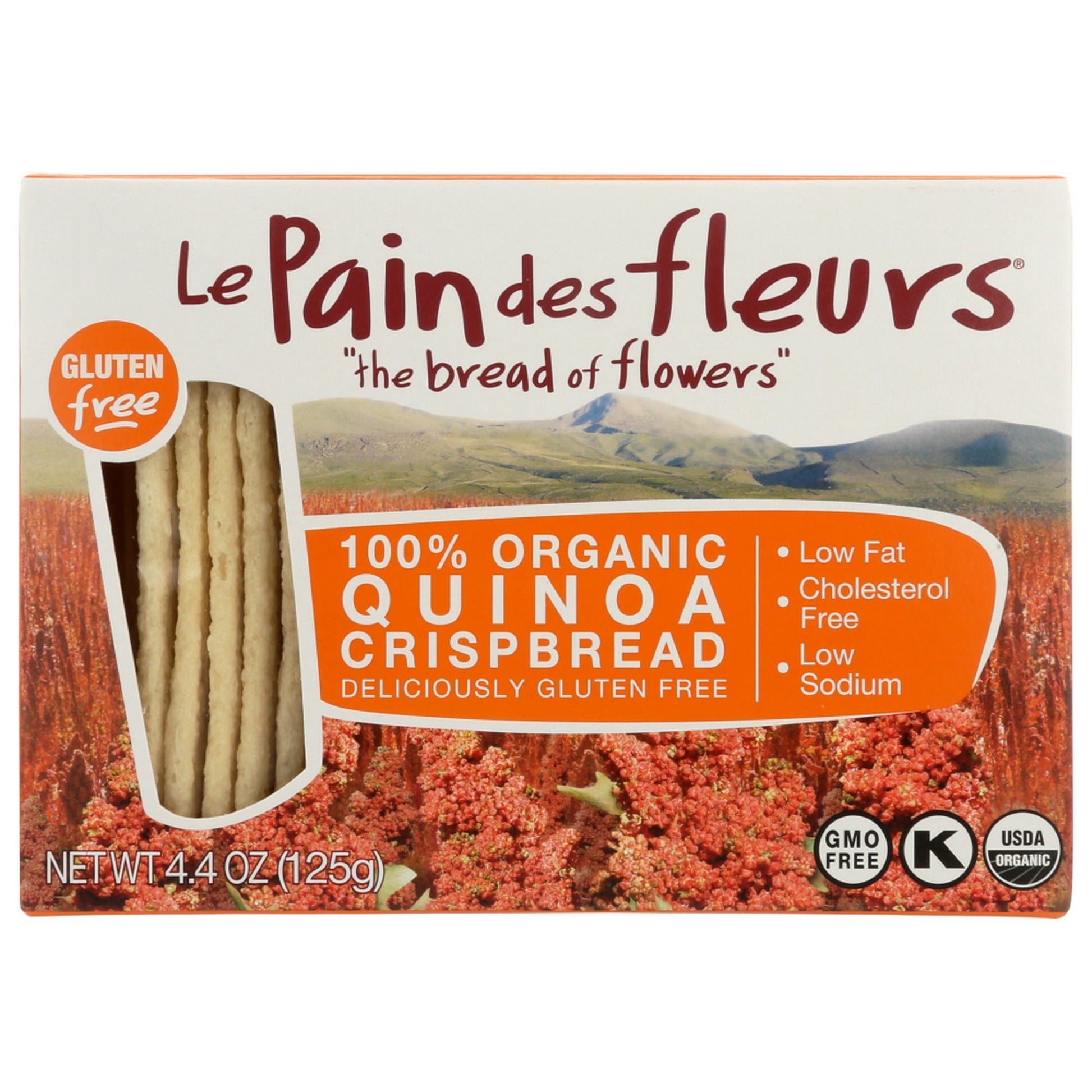 LE PAIN DES FLEURS' QUINOA CRISPBREADS ARE DELICIOUS GLUTEN-FREE QUINOA CRISPS THAT ARE GREAT AS A TOPPING OR FOR SNACKING. THEY'RE KOSHER, USDA ORGANIC CERTIFIED AND FREE OF CHOLESTEROL AND YEAST. WE USE ORGANIC INGREDIENTS THAT ARE FREE OF GMOS AND ARE LOW IN SODIUM AND FAT. INCLUDED IS ONE 4.4 OZ. BOX WITH 8 SERVINGS OF CRISPBREADS.