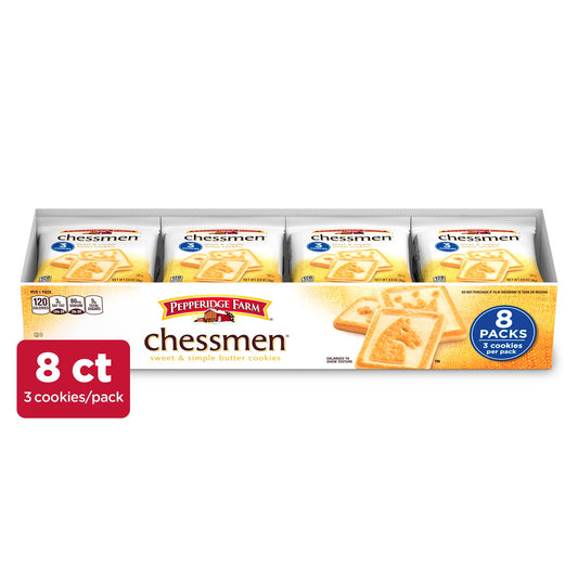 Classic Chessmen butter cookies are golden-baked to tender crispness and sweet goodness. The snack pack size lets you satisfy your craving for this Pepperidge Farm classic on the go, in the car or at the office for a midday sweet treat. With 3 cookies in each pack, share one with a friend and make someone's day. This multipack box contains 8 cookie packs. For Pepperidge Farm, baking is more than a job. It's a real passion. Each day, the Pepperidge Farm bakers take the time to make every cookie, pastry, crac