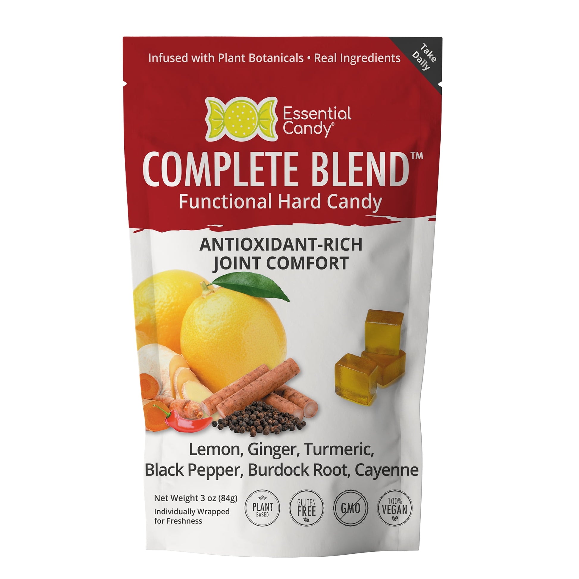 Complete Blend™ Functional Hard Candy: Natural Support for Joint Health Support your joint health with our Complete Blend™ Functional Hard Candy. Made with organic ingredients, this candy combines the benefits of turmeric, ginger, black pepper, cayenne, and burdock root. Turmeric and ginger are known for their joint comfort properties, while black pepper and cayenne add a subtle heat. Burdock root contributes to overall balance. These candies are gluten-free, non-GMO, vegan, and soy-free. There are no artif