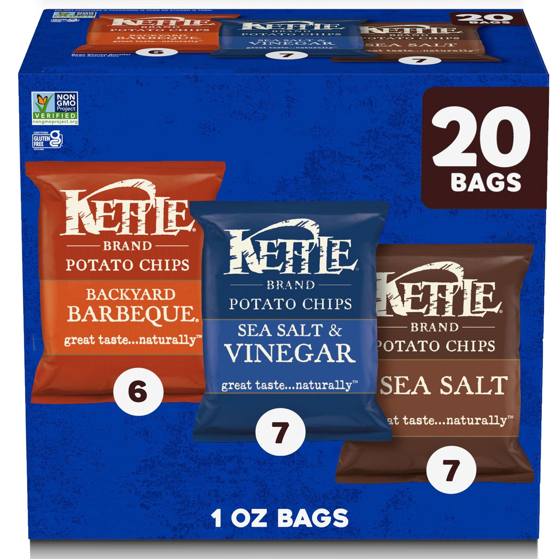 Grab a variety pack of individual-sized bags of your favorite Kettle Brand potato chip flavors: Sea Salt, Sea Salt & Vinegar, and Backyard Barbeque. The variety pack of 20 is the perfect solution for parties, family, or for when you want a little variety in your snack. Kettle Brand searches high and low for undisputed potato excellence. Determined not to disrupt flawless, spudsy goodness, these beauties are cooked, skins on, one batch at a time until golden. Everyone loves the flavor and crunch of these sel