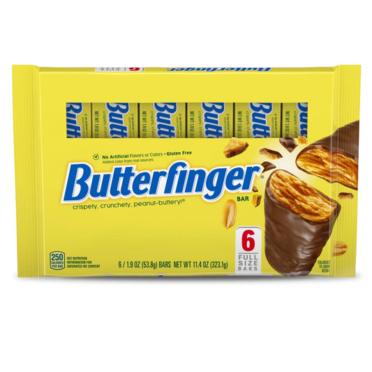 Get your treat on with Butterfinger Full Size candy bars. These perfectly full sized, peanut-buttery, chocolatey bars are big on taste. Packed with the crispety, crunchety, peanut-buttery taste everyone knows and loves, these individually wrapped candy treats are easy to snack on and enjoy. Take these delicious peanut-buttery, chocolatey bars anywhere and share with anyone. They're great for home or the office, parties, get-togethers or a dessert sweet treat. Butterfinger is made with no artificial flavors 