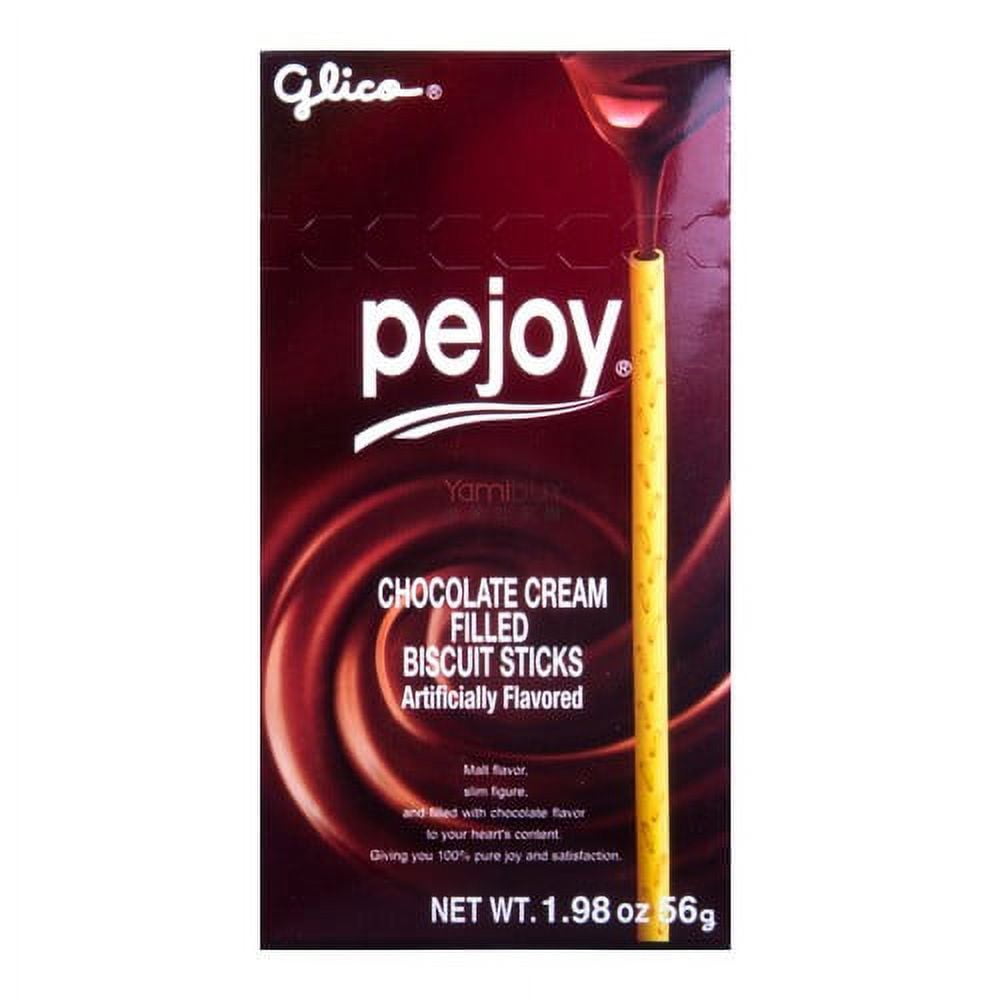 Chocolate cream filled biscuit sticks Artificially flavored Creation of enjoyment that extends to all generations Malt flavor, slim figure, and filled with chocolate flavor to your heart's content, Glico Pocky's Friend Pejoy Chocolate Cream Filled Biscuit Sticks gives you 100% pure joy and satisfaction.