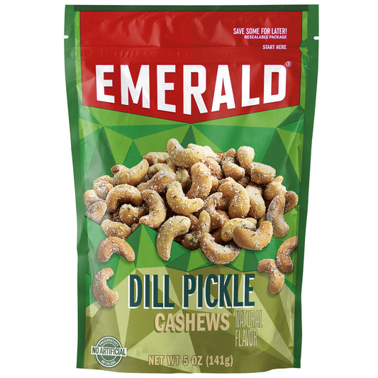 Pickle me this, can you think of a better taste to tickle your taste buds than dill pickle? Emerald Dill Pickle Flavored Cashews are a tasty, better-for-you snacking option. These nuts come in a resealable bag so they stay fresh longer. These convenient resealable bags are perfect for a better-for-you snack anytime. Emerald sources only the tastiest, highest-quality nuts. Our unique seasoning and the distinct flavor of each nut makes for a truly satisfying snack. Whether you want a great-tasting snack or a 