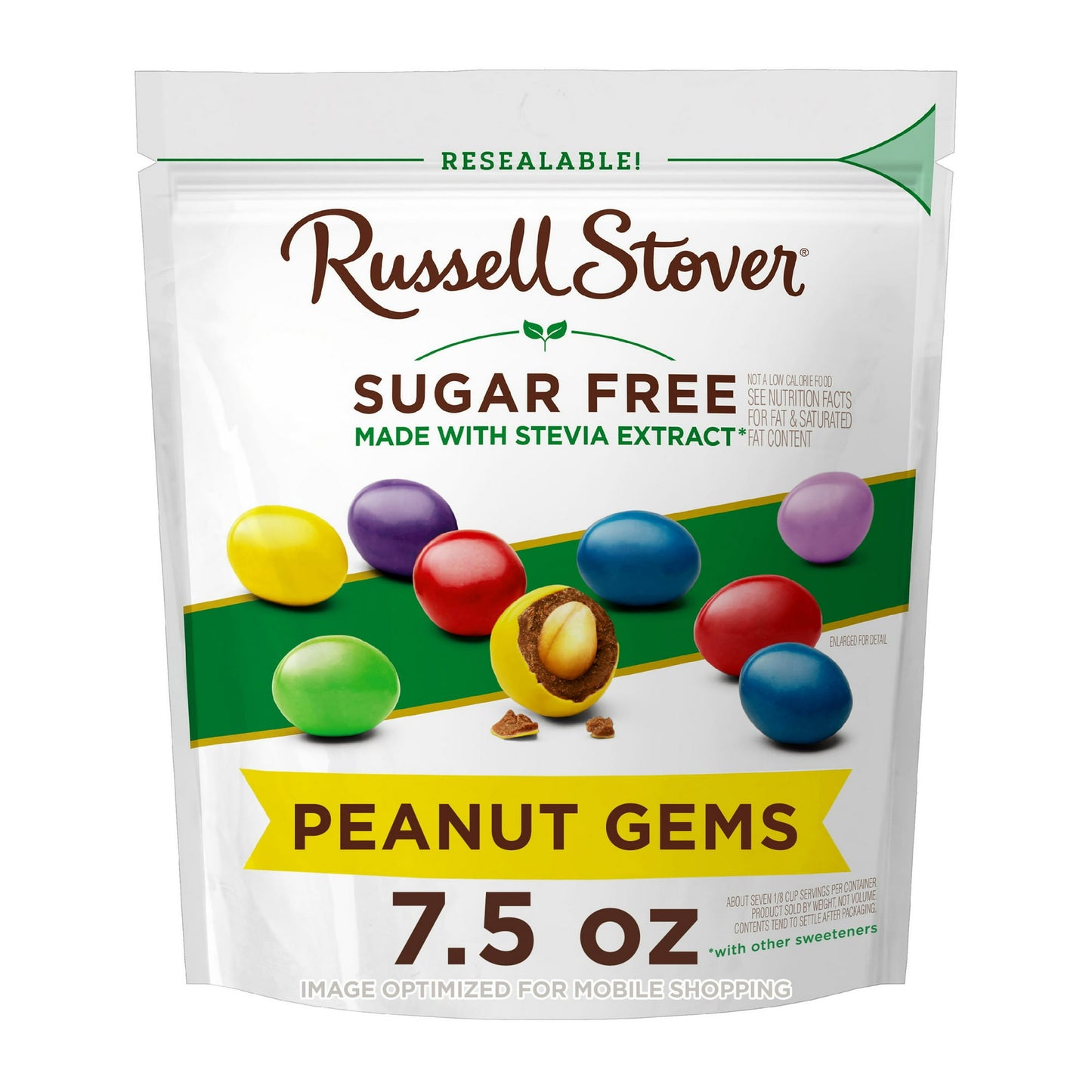 Savor RUSSELL STOVER Sugar Free Chocolate Candy Coated Peanuts, 7.5 oz. bag, chocolate covered crunchy peanuts coated in a colorful candy shell. Made with Stevia extract, a plant-based sweetener, these delicious candies deliver the sweetness you crave without any added sugar. Share them with friends and loved ones, gift them thoughtfully, or simply enjoy guilt-free snacking by filling up your candy bowl. Whether you're at home or on the go, these zero sugar candies are the perfect pick-me-up. Since 1923, RU