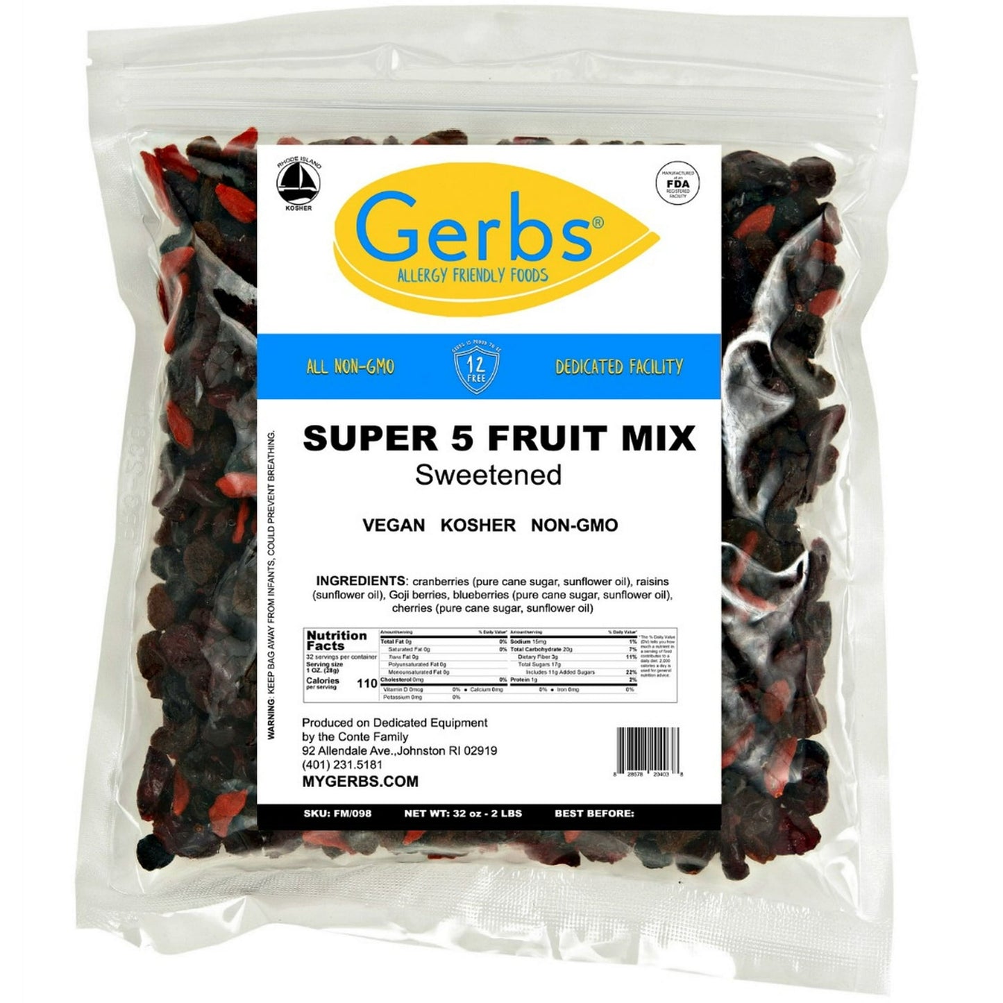 Gerbs Dried Fruits do not contain any harmful cancer-causing preservatives. They are unsulphured/SO2 Free, Potassium Sorbate Free, Sodium Nitrate/Nitrate Free and Sodium Benzoate Free. We strongly recommend however that you always read nutritional panels and ingredients. Some of our Dried Fruits have pure cane sugar, and although we are always looking at sourcing our fruits with no sugar added, it is far different than using than harmful chemicals. All of our raw ingredients are processed, packaged, handled