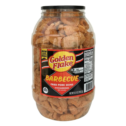 Introducing Golden Flake Barbecue Fried Pork Skins, now available in a convenient 9.5 oz barrel. Crafted with expertise and a dedication to quality, these pork skins offer a savory and satisfying crunch with a bold barbecue flavor that will keep you coming back for more. Whether you're enjoying them as a solo treat, serving them as a crowd-pleasing appetizer, or adding them to your favorite recipes for an extra crunch, these pork skins are sure to satisfy your cravings. Packaged in a resealable barrel ensur