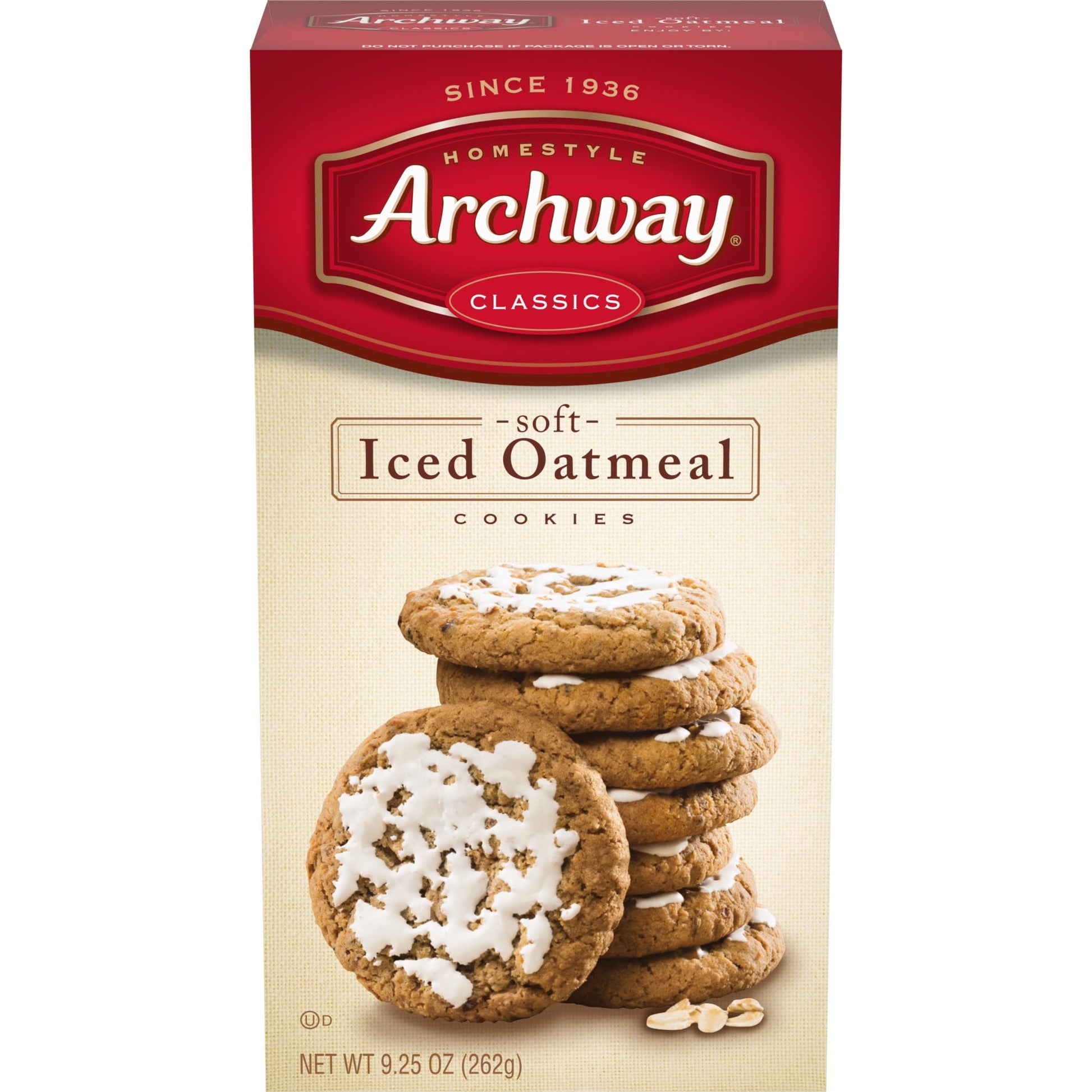 A mildly sweet oatmeal cookie topped with sweet icing ,our soft Iced Oatmeal cookies have an exquisite home style flavor. Since 1936, Archway Cookies have been winning the hearts of cookies lovers. Known for our home-style goodness, we strive to deliver high quality, highly enjoyable cookies with the ability to bring on nostalgic memories every single day. Shelf-stable product.