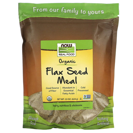 Always Non-GMO Natural Source of Healthy Fatty Acids Good Source of Fiber Cold Processed USDA Organic Non-GMO Project Certified Hearty, Nutritious & Wholesome Certified Organic by QAI Vegetarian/Vegan Product NOW Real Food Organic Flax Seed Meal has a mild, nutty flavor similar to wheat germ, and it's often added to cereals, pancakes, muffins, breads, meatloaf, meatballs, and even yogurt. Flax is a natural plant source of healthy fatty acids and a good source of fiber. Naturally occurring fatty acids (examp