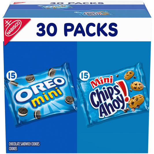 This Nabisco Crowd Favorites Cookie Variety Pack includes OREO Mini cookies and CHIPS AHOY! Mini cookies in convenient snack-size packages. These snack packs offer bite-size versions of tasty treats, perfect for on-the-go nibbling. OREO chocolate sandwich cookies have the same original creme filling, and CHIPS AHOY! cookies are packed with chocolate chips.