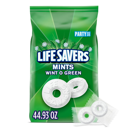 Stock up on bulk breath mint hard candy with a bag of LIFE SAVERS Wint-O-Green Breath Mints. Grab Wintergreen LIFE SAVERS to share, pack in your purse, or keep in your pocket for fresh breath anytime. Each LIFE SAVERS hard candy comes individually wrapped, making them a great bulk candy to toss in a bag, or fill a candy bowl. There are endless ways to enjoy LIFE SAVERS Wint-O-Green Breath Mints!